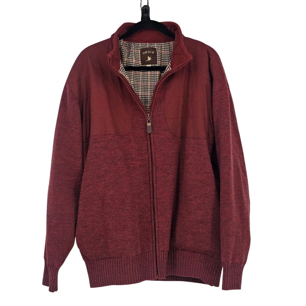 Orvis Full Zip Wool Sweater Jacket XL Burgundy Red Shooting Hunting Countryside